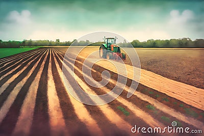 Farmer with tractor seeding sowing crops at agricultural field. Plants, wheat. Neural network AI generated Stock Photo