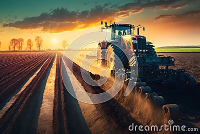 Farmer with tractor seeding sowing crops at agricultural field. Plants, wheat. Neural network AI generated Stock Photo