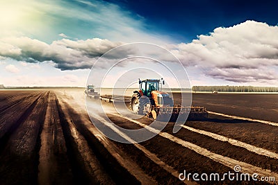 Farmer with tractor seeding sowing crops at agricultural field. Plants, wheat. Neural network AI generated Stock Photo