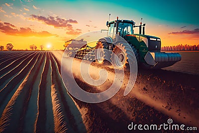 Farmer with tractor seeding sowing crops at agricultural field. Plants, wheat. Neural network AI generated Stock Photo