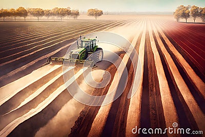 Farmer with tractor seeding sowing crops at agricultural field. Plants, wheat. Neural network AI generated Stock Photo