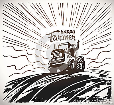 Farmer in the tractor waving his hands Vector Illustration