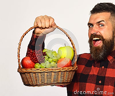 Farmer with tricky face presents apples, grapes and cranberries. Stock Photo