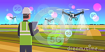 Farmer using drone sprayer 5G online wireless system connection fifth innovative internet generation smart farming Vector Illustration