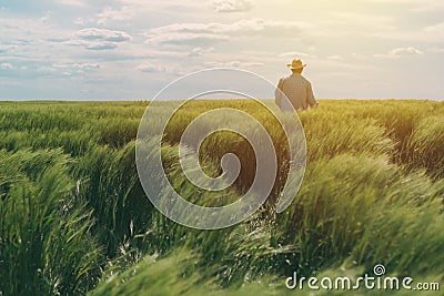 Farmer walking through a green wheat field Stock Photo