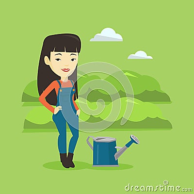 Farmer with watering can at field. Vector Illustration