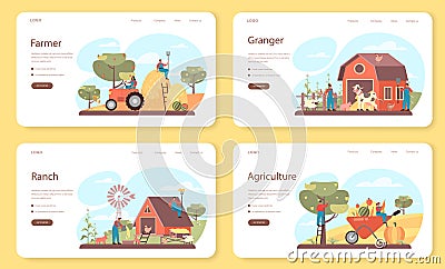 Farmer web banner or landing page set. Farm worker on the field, Vector Illustration