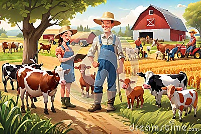 Farmer wife livestock farm work cow barn Cartoon Illustration