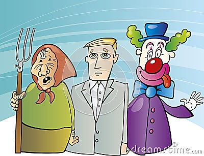 Farmer woman, businessman and clown Vector Illustration