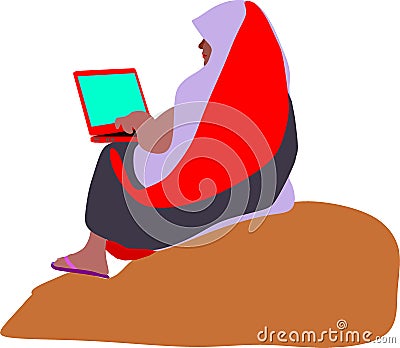 Farmer woman cartoon operating laptop technology illustration Vector Illustration
