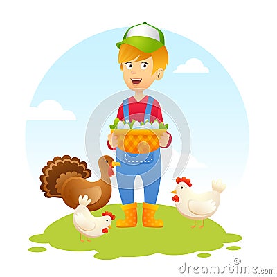 Farmer Woman With Chicken Vector Illustration