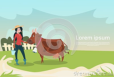 Farmer Woman With Cow Eco Farming Breeding Vector Illustration