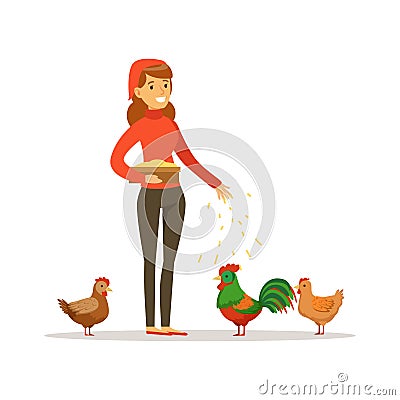 Farmer woman feeding chickens, poultry breeding vector Illustration Vector Illustration