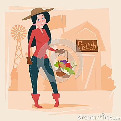 Farmer Woman Gather Harvest Eco Farming Vector Illustration