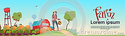 Farmer Woman Gather Harvest Eco Farming Vector Illustration