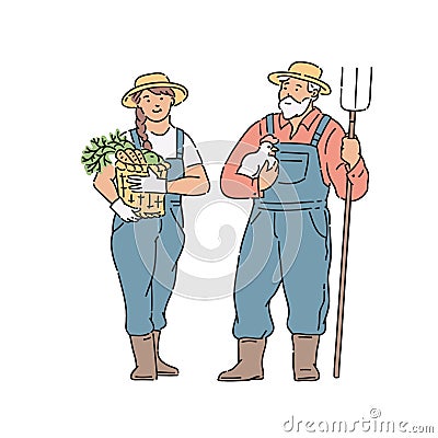 Farmer woman and man with vegetable, chicken and fork in hand. Vector illustration Vector Illustration