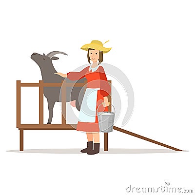 Farmer woman milking her goat, farming and agriculture vector Illustration Vector Illustration