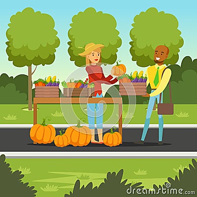 Farmer woman selling vegetables on her stall, local farmers market Vector Illustration
