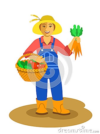 Farmer woman standing with vegetables harvest Vector Illustration