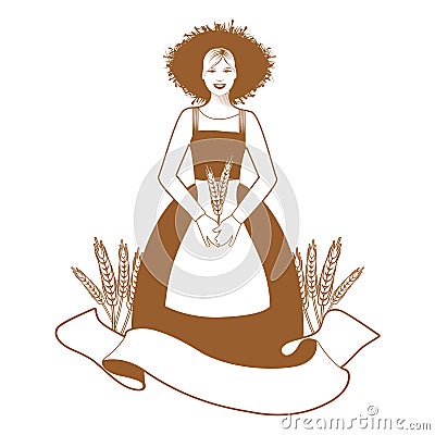 Farmer woman in work clothes holding ears of wheat and empty text banner Vector Illustration