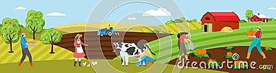 Farmer work on farm field vector illustration, cartoon flat people on farmland countryside, milk cow, feed chicken or Vector Illustration