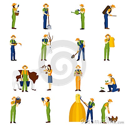 Farmer at work flat icons set Vector Illustration