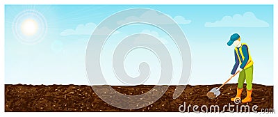 Farmer at work with shovel in field. vector illustration of countryman digging, loosening and fertilizing soil. plowed field Cartoon Illustration