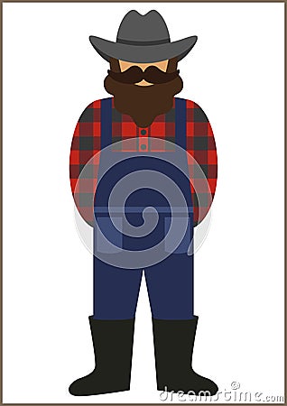 Farmer/worker flat icon - a man with a mustache a beard wearing an in a plaid shirt, denim/ jeans overalls jumpsuit,boots and h Vector Illustration