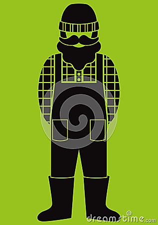 Farmer/worker flat icon - a man with a mustache a beard wearing an in a plaid shirt,overalls jumpsuit,boots and knit hat. Vector Illustration