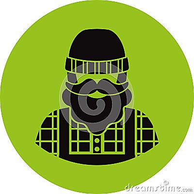 Farmer/worker flat icon - a man with a mustache a beard wearing an in a plaid shirt,overalls jumpsuit,boots and knit hat. Templ Vector Illustration