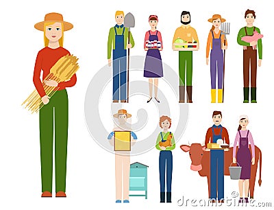 Farmer workers people character agriculture person profession farming life vector illustration. Vector Illustration