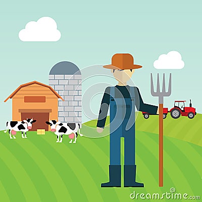 Farmer working in the farm Vector Illustration