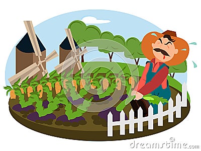 Farmer working on the field of his farm Vector Illustration