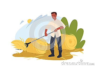 Farmer working on field, village worker gathering hay with pitchfork in round haystack Vector Illustration