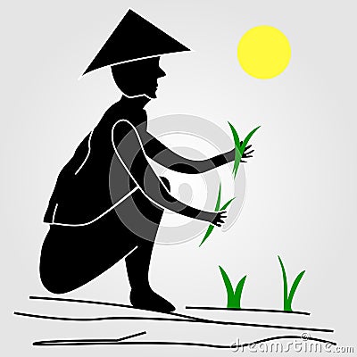 A farmer working in rice fields Vector Illustration