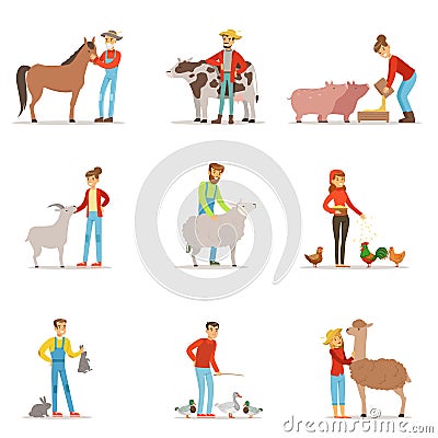 Farmers breeding livestock. Farm profession worker people, farm animals. Set of colorful cartoon detailed vector Vector Illustration