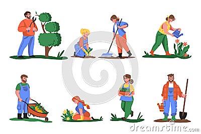 Farmers. Cartoon people planting flowers and greens, cutting and gardening plants, growing vegetables and flowers Vector Illustration