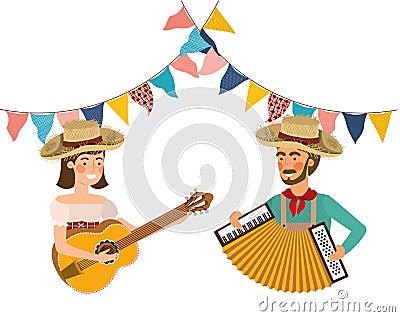 Farmers couple with musical instruments Vector Illustration