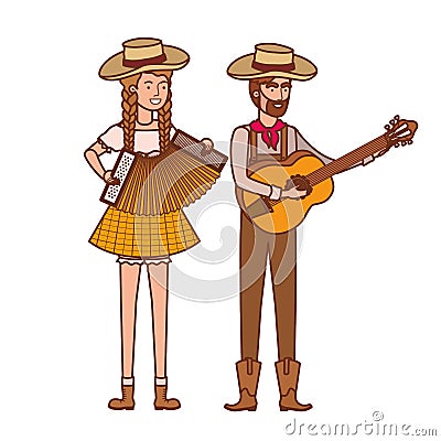 Farmers couple with musical instruments Vector Illustration