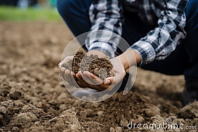 Farmers' expert hands check soil health before planting vegetable seeds or seedlings. Business idea or ecology Stock Photo