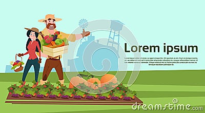 Farmers Family Growing Vegetables Farmland Countryside Landscape Vector Illustration