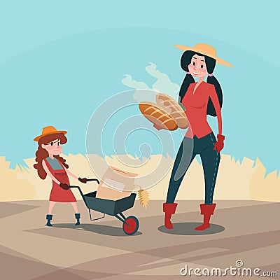 Farmers Family Hold Wheat Fresh Bread Production Farmland Countryside Vector Illustration