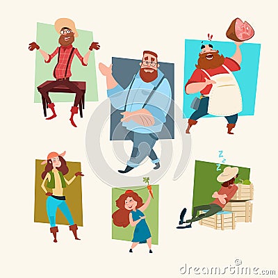 Farmers Family Set Cuontry Man And Woman Farming Occupation Vector Illustration