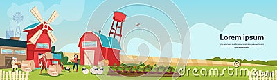 Farmers Family Wheat Mill Building Farmland Countryside Landscape Vector Illustration