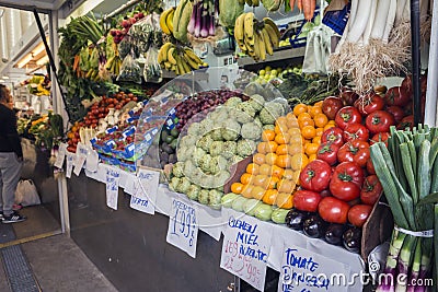 Farmers` food market stall with variety of organic vegetable Editorial Stock Photo