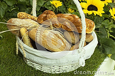 Farmers hand holding a basket with seasonal products, wooden basket full with autumnal products, agricultural and forest also Stock Photo