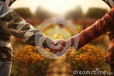 Farmers Handshake Against Backdrop Of Unfocused Farm With Bees, Closeup. Generative AI Stock Photo
