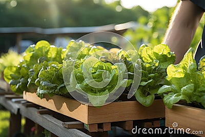 Farmers harvest organic salad, grow vegetables in hydroponics, and wooden boxes Stock Photo