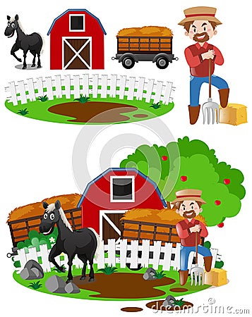 Farmers and horse in the farm Vector Illustration