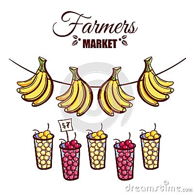 Farmers Market Berries Bananas Vector Illustration